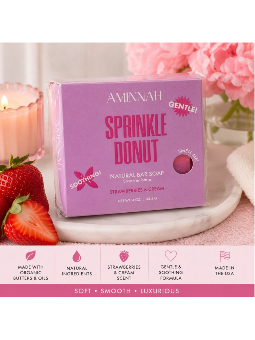 Aminnah Sprinkle Donut Natural Bar Soap Strawberries & Cream 4oz NWT